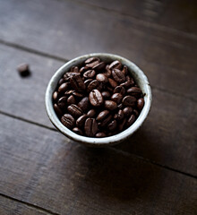 Coffee beans in a small ceramic dish. Close up.	