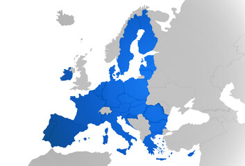 Europakarte mit EU Staaten in blau und restliche Staaten in hellgrau