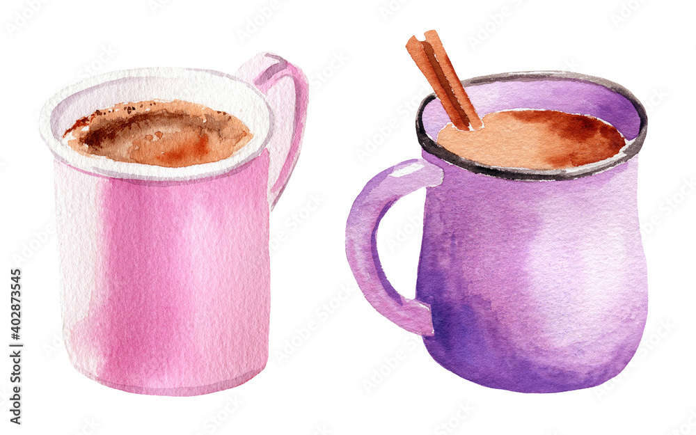 Wall mural watercolor illustration set of cups with delicious coffee cappuccino