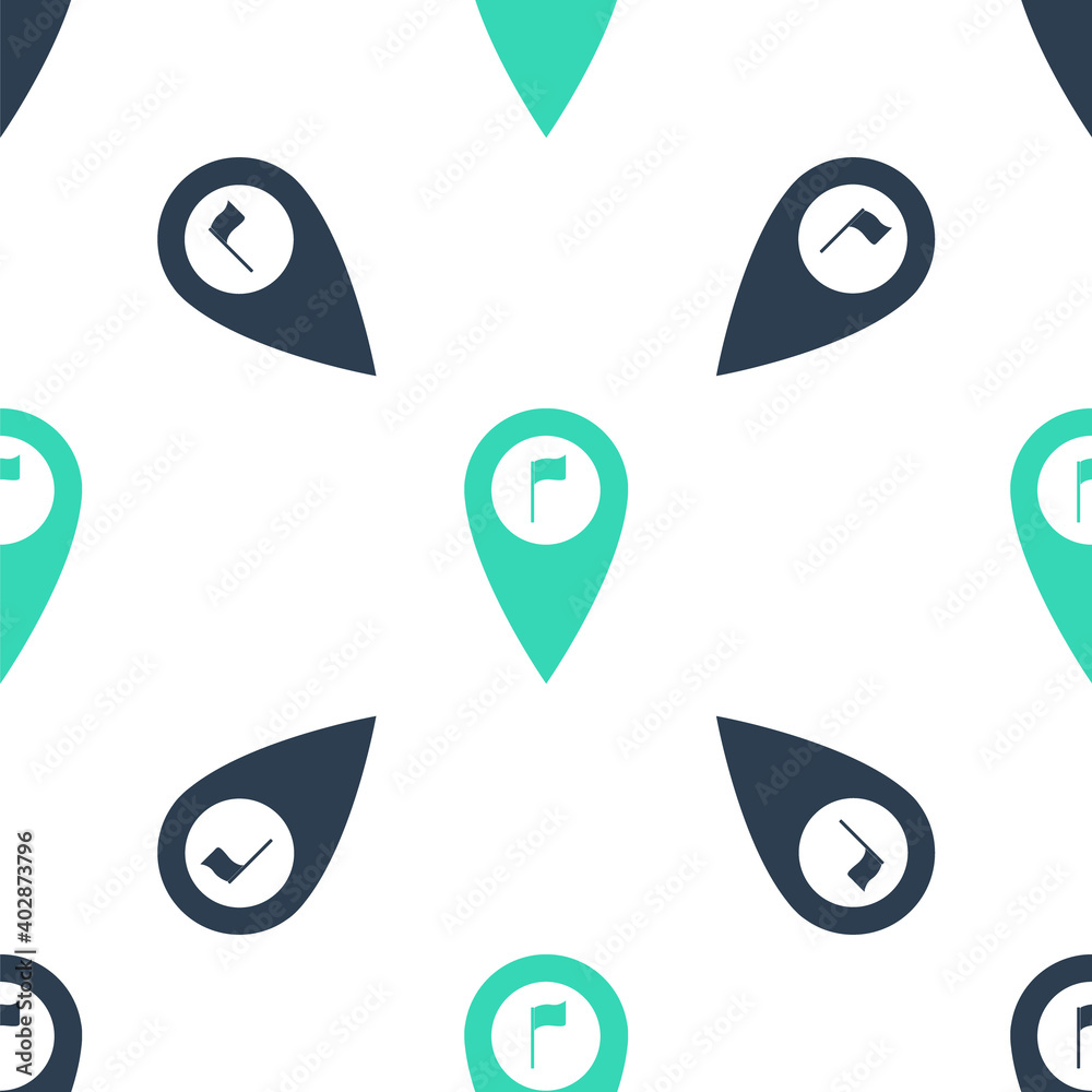 Poster green map pointer with golf flag icon isolated seamless pattern on white background. location marker