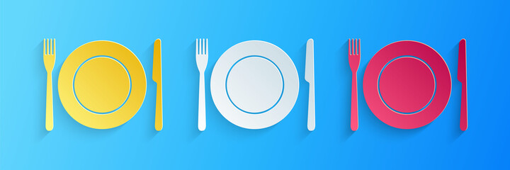 Paper cut Plate, fork and knife icon isolated on blue background. Cutlery symbol. Restaurant sign. Paper art style. Vector.