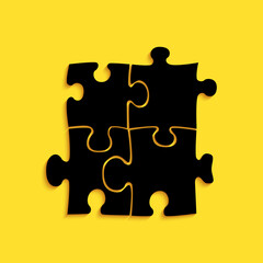 Black Piece of puzzle icon isolated on yellow background. Business, marketing, finance, template, layout, infographics, internet concept. Long shadow style. Vector.