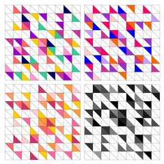 Colorful tile background set vector illustration. Grey, yellow, green, red, pink and yellow pastel triangle geometric flat surface wallpaper