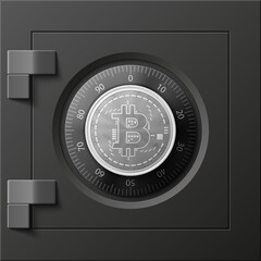 HUD Golden bitcoin armored box. Digital currency steel safe money. Technology bitcoin mining worldwide network. Web banner gold bitcoin combination lock bit coin. Cryptocurrency technology coins money