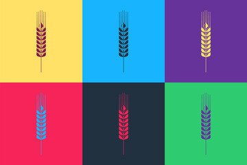 Pop art Cereals icon set with rice, wheat, corn, oats, rye, barley icon isolated on color background. Ears of wheat bread symbols. Agriculture wheat. Vector.