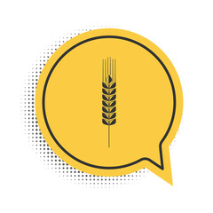 Black Cereals icon set with rice, wheat, corn, oats, rye, barley icon isolated on white background. Ears of wheat bread symbols. Agriculture wheat. Yellow speech bubble symbol. Vector.