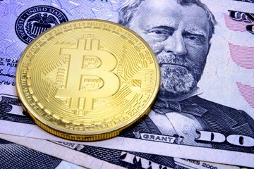 Bitcoin coin on the background of dollars. Virtual cryptocurrency concept. BTC vs USD.