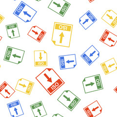 Color ISO file document icon. Download ISO button icon isolated seamless pattern on white background. Vector.