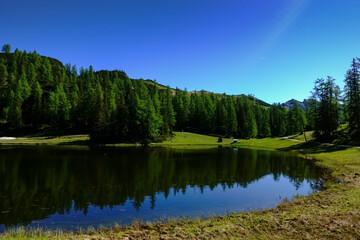 Fototapeta na wymiar blue sky trees and mountains with reflection in a lake