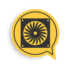 Black Computer cooler icon isolated on white background. PC hardware fan. Yellow speech bubble symbol. Vector.