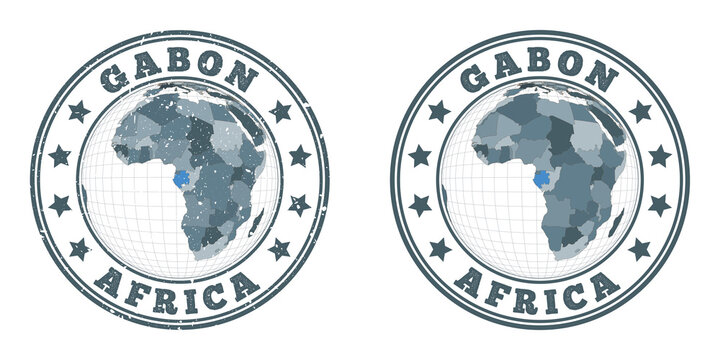 Gabon round logos. Circular badges of country with map of Gabon in world context. Plain and textured country stamps. Vector illustration.