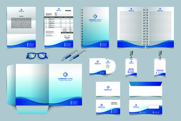 Corporate Brand Identity Design set. Business stationery elements template. Abstract geometric graphics on Letterhead, Invoice, Notebook Cover, Annual report cover, CD Case, ID Card, Business Card.