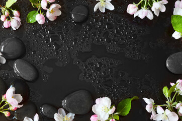 Obraz na płótnie Canvas Spa stones and pink flowers on black background with water.