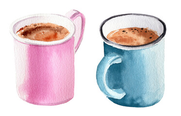 Watercolor illustration set of cups with delicious coffee cappuccino