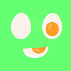 Cartoon cooked eggs. Fried, hard, soft boiled, sliced eggs with yolk, protein breakfast ingredient.