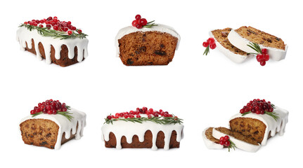 Set with decorated traditional Christmas cakes on white background