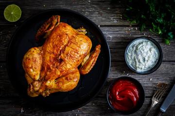 Whole roast chicken on plate on wooden table

