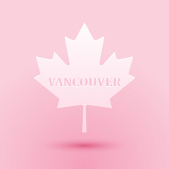 Obraz na płótnie Canvas Paper cut Canadian maple leaf with city name Vancouver icon isolated on pink background. Paper art style. Vector.
