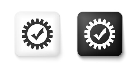 Black and white Gear with check mark icon isolated on white background. Cogwheel simple icon. Approved service sign. Transmission Rotation Mechanism symbol. Square button. Vector.