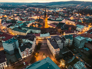 Obraz premium Old Town, City Square and Cathedral Church in Tarnow, Poland. Aerial Drone Skyline at Twilight