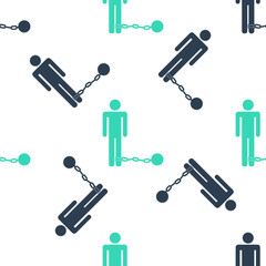 Green Prisoner with ball on chain icon isolated seamless pattern on white background. Vector.