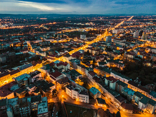Tarnow in Poland Townscape. City Lights at Dusk. Aerial Drone Panoramic View