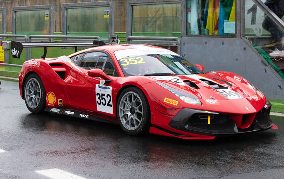 Ferrari Supercar 488 Gran Turismo Racing Motorsport In Circuit Pit Lane Track Wet Asphalt