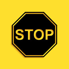 Black Stop sign icon isolated on yellow background. Traffic regulatory warning stop symbol. Long shadow style. Vector.