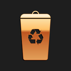 Gold Recycle bin with recycle symbol icon isolated on black background. Trash can icon. Garbage bin sign. Recycle basket sign. Long shadow style. Vector.