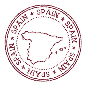 Spain round rubber stamp with country map. Vintage red passport stamp with circular text and stars, vector illustration.