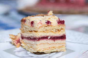 a piece of cake with raspberries on a plate.