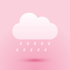 Paper cut Cloud with rain icon isolated on pink background. Rain nimbus cloud precipitation with rain drops. Paper art style. Vector.