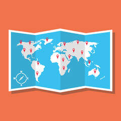 Fototapeta na wymiar Paper map of world with color point markers. Vector illustration.