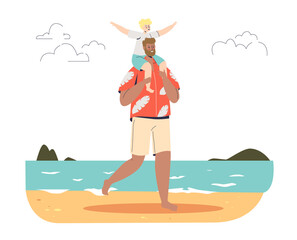 Father and daughter on beach. Happy smiling girl sitting on dad shoulders