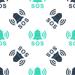 Green Alarm bell and SOS lettering icon isolated seamless pattern on white background. Warning bell, help sign. Emergency SOS button. Vector.