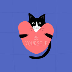 Cheerful black cat hugs a big heart. Cute cat with big red heart on a blue background ."Be yourself" funny card. Doodle illustration vector.