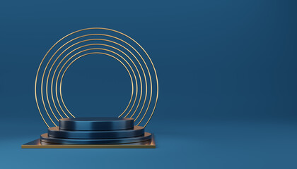 Obraz premium Empty 3 blue cylinder podium with gold border and gold cube on blue background. Abstract minimal studio 3d geometric shape object. Mockup space for display of product design. 3d rendering.