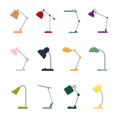 Set of colored desk lamps on white background, vector illustration