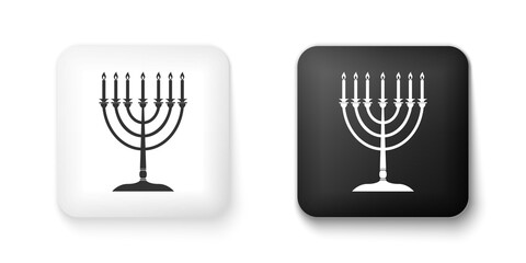 Black and white Hanukkah menorah icon isolated on white background. Religion icon. Hanukkah traditional symbol. Holiday religion, jewish festival of Lights. Square button. Vector.