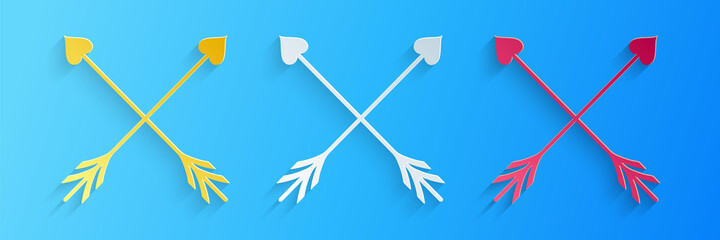 Paper cut Crossed Cupid arrow heart, Valentines Day cards element icon isolated on blue background. Paper art style. Vector.