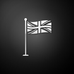 Silver Flag of Great Britain on flagpole icon isolated on black background. UK flag sign. Official United Kingdom flag sign. British symbol. Long shadow style. Vector.
