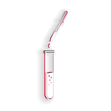 Paper cut Laboratory pipette with liquid and falling droplet over test tube icon isolated on white background. Laboratory research or laboratory testing. Paper art style. Vector.
