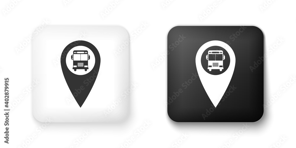 Poster black and white map pointer with bus icon isolated on white background. square button. vector.