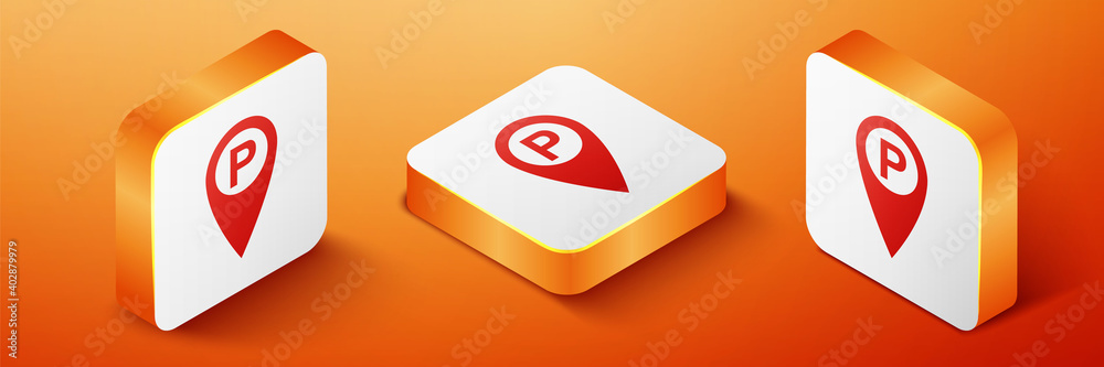 Poster isometric map pointer with car parking icon isolated on orange background. orange square button. vec