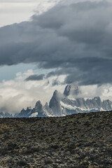 vertical Rocky snowy mountain the best amazing hiking in the world. Fitz Roy in Argentina