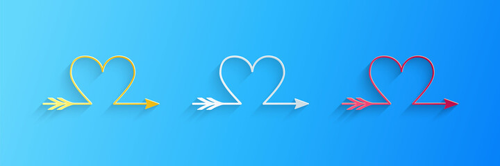 Paper cut Cupid arrow heart, Valentines Day cards icon isolated on blue background. Paper art style. Vector.