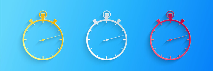 Paper cut Stopwatch icon isolated on blue background. Time timer sign. Paper art style. Vector.