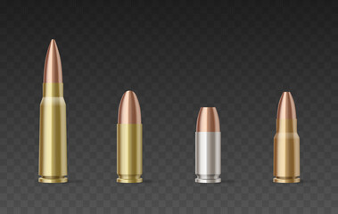 Bullets of different calibers and materials isolated on transparent background