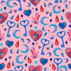 Seamless pattern with hand-drawn watercolor elements. Print with hearts, keys, crystals and other watercolor elements. For wrapping paper, wallpaper, textiles and more.