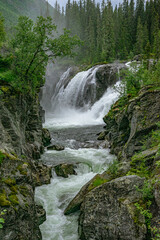 Fototapeta na wymiar View to the Rjukandefoss waterfall through a canyon